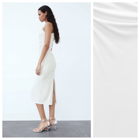 NWT. Zara White Knit Fabric Midi Dress with Asymmetric Neckline. Size XL - Picture 3 of 10